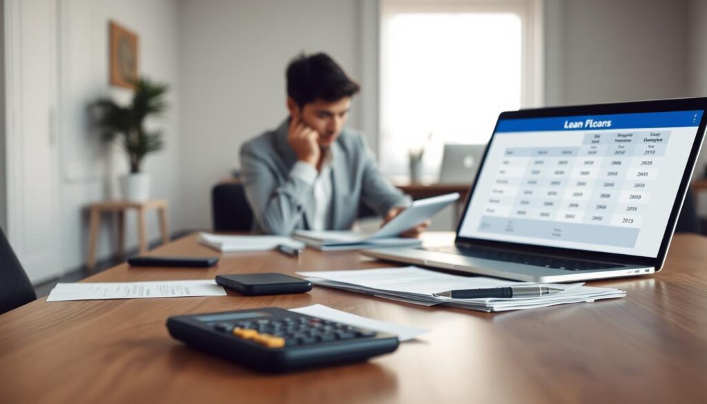 A clean, well-lit room with a wooden table in the foreground. On the table, various financial documents, calculators, and a laptop display comparing different loan options. The middle ground features a person in a business casual outfit, deeply focused on the task at hand. The background is blurred, but suggests a modern office environment with neutral colors and minimalist decor. The overall mood is one of careful analysis and informed decision-making, conveying the nuances of comparing personal loan alternatives.