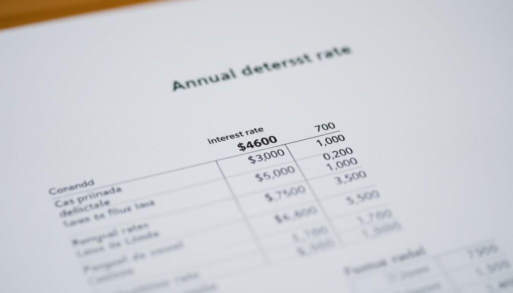 A close-up view of a financial document showing annual interest rates for a payroll-deducted loan, or "consignado" in Portuguese. The document is laid out in a clean, professional design with detailed numerical data and clear section headings. The lighting is soft and even, creating a serene, authoritative atmosphere. The background is slightly blurred, keeping the focus on the key financial information. The overall impression is one of transparency and clarity around the complex topic of consignado interest rates.