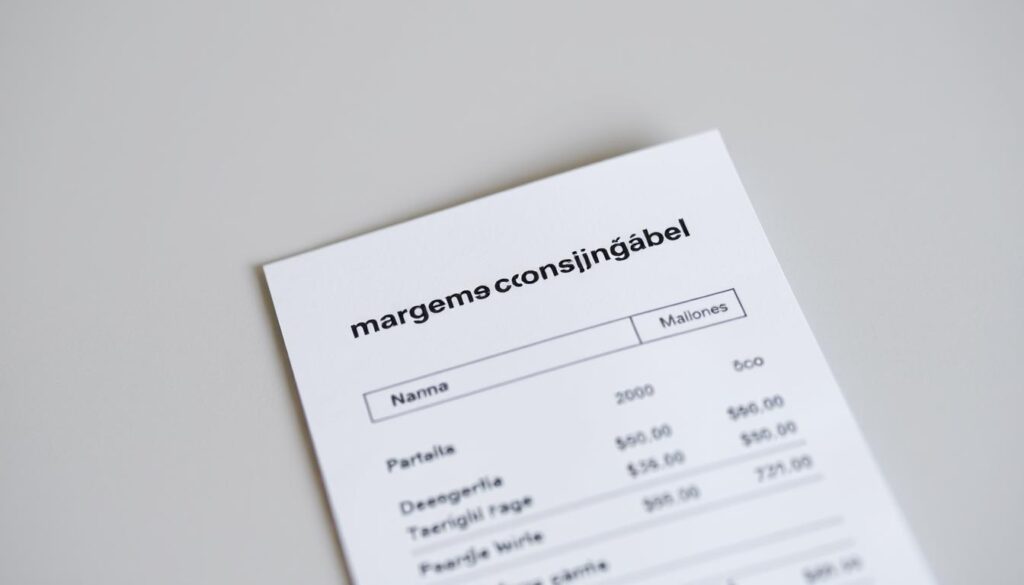 A close-up view of a person's payslip, highlighting the "margem consignável" (deductible margin) section. The payslip is set against a plain, muted background, casting a soft, even light on the document. The focus is sharp, allowing the viewer to clearly see the details and calculations related to the deductible margin. The scene conveys a sense of financial planning and responsibility, with the payslip serving as a tangible representation of the impact of the minimum wage increase on this crucial financial concept.