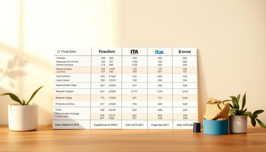 A meticulously designed comparative analysis of credit offers, showcasing the offerings from FinanZero, Itaú, and other institutions. The scene is set against a soft, muted background, allowing the financial data to take center stage. Illuminated by warm, natural lighting, the tabular information is presented in a clean, organized manner, inviting the viewer to carefully examine and compare the various credit options. The composition is balanced, with a focus on legibility and clarity, aiming to provide a comprehensive visual representation of the credit market landscape. The overall mood is one of informed decision-making, guiding the viewer towards the optimal credit solution.
