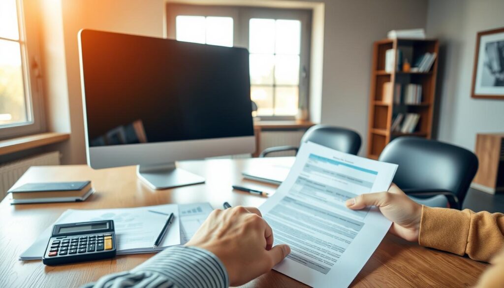 A serene office setting with a desk, desktop computer, and financial documents showcasing the concept of "empréstimo consignado". The scene is illuminated by warm, natural lighting filtering through large windows, casting a cozy, professional atmosphere. In the foreground, a person's hands are filling out paperwork, symbolizing the ease and convenience of this type of loan. The middle ground features a calculator, pen, and a stack of papers, conveying the financial details and planning involved. The background showcases a bookshelf and framed art, establishing a refined, trustworthy environment. The overall composition conveys a sense of security, reliability, and straightforward financial solutions.