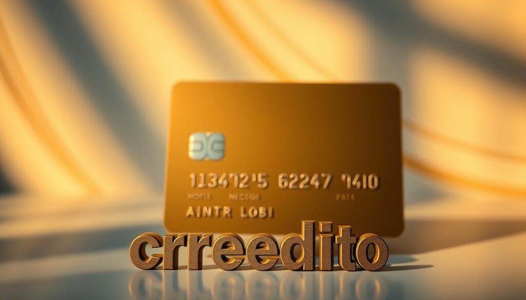 A sleek, modern credit card casting a warm, golden glow against a background of elegant, minimalist lines and shapes. The card's surface reflects the play of light, casting subtle shadows that hint at its depth and texture. In the foreground, the embossed word "crédito" stands out in bold relief, its form both functional and aesthetically pleasing. The overall composition evokes a sense of sophistication, financial security, and the power of personal finance. Captured with a shallow depth of field and a cinematic lighting setup, the image conveys the importance and versatility of credit in a visually captivating way.