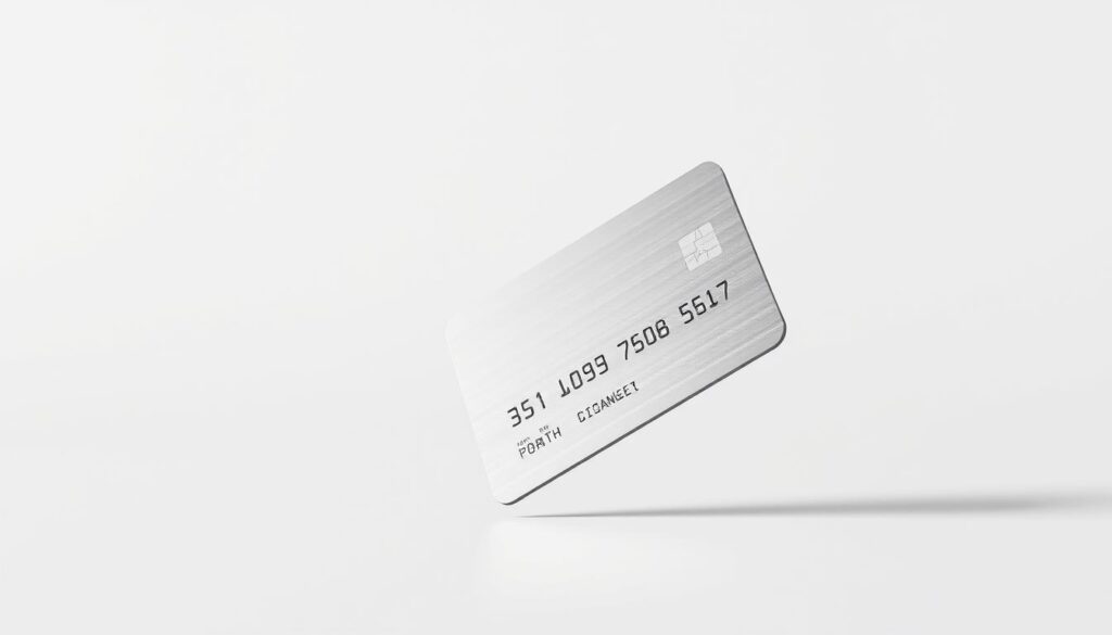 A sleek, modern credit card set against a clean, minimalist background. The card is displayed at a 45-degree angle, capturing the smooth edges and reflective metallic surface. The lighting is soft and diffused, creating a sense of elegant simplicity. The card appears to be floating, emphasizing its importance and centrality to the composition. The background is a neutral, muted color, allowing the credit card to be the focal point. The overall mood is one of sophistication and financial responsibility.