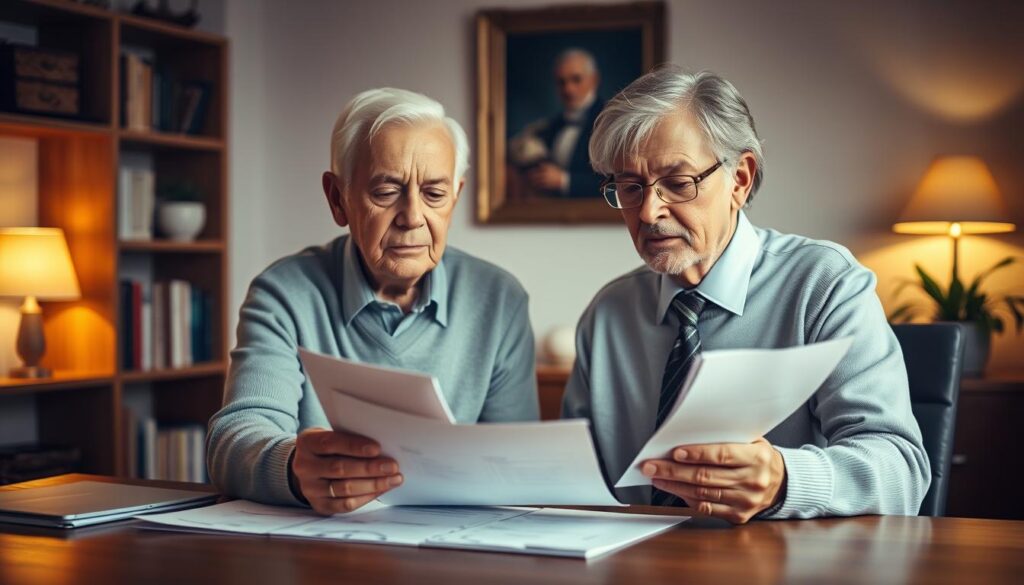 A soft-lit, warm-toned portrait of an elderly couple examining financial documents together. The man, wearing a collared shirt and tie, is seated at a wooden desk, carefully studying papers while the woman, dressed in a modest sweater, leans in to view them. The background features a bookshelf, a portrait on the wall, and a potted plant, creating a cozy, domestic atmosphere. The lighting is gentle, illuminating their faces and lending a sense of introspection to the scene. The overall composition and mood convey the importance and the personal nature of the financial decision-making process for senior citizens.
