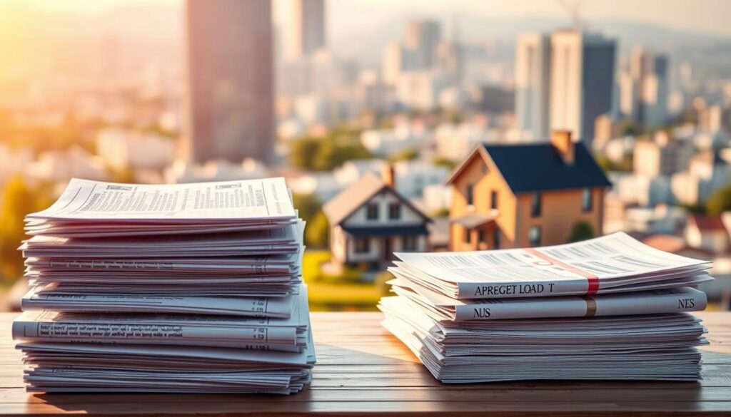 A vibrant, realistic illustration of collateralized debts. In the foreground, a stack of financial documents, loan agreements, and property deeds, symbolizing the tangible assets securing the loans. The middle ground depicts a modest home, perhaps a family's residence, underscoring the personal stakes involved. In the background, a blurred cityscape suggests the broader economic context. The lighting is warm and natural, conveying a sense of stability and reliability. The composition is balanced, with a focus on the central elements, inviting the viewer to contemplate the significance of collateralized debts within the broader financial landscape.
