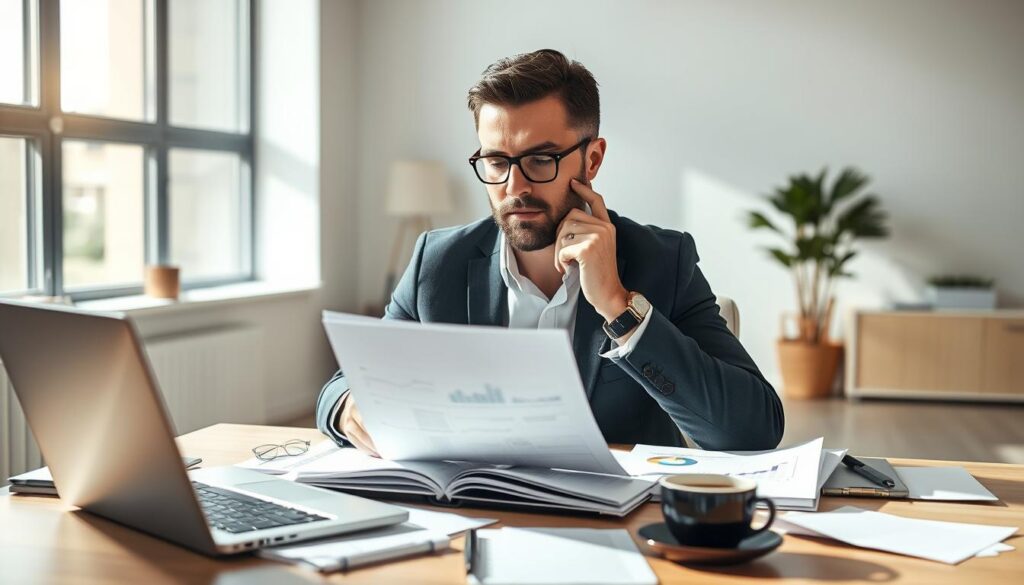 A well-lit, realistic image of a business owner carefully reviewing financial documents and spreadsheets, deep in thought, with a serious yet thoughtful expression on their face. The scene is set in a modern, minimalist office space with clean lines, neutral colors, and ample natural light streaming in through large windows. The desk is organized and clutter-free, with a laptop, a calculator, and a cup of coffee nearby, reflecting the need for diligent analysis and decision-making. The overall mood is one of focused contemplation, capturing the essence of carefully evaluating the real credit needs of a business.