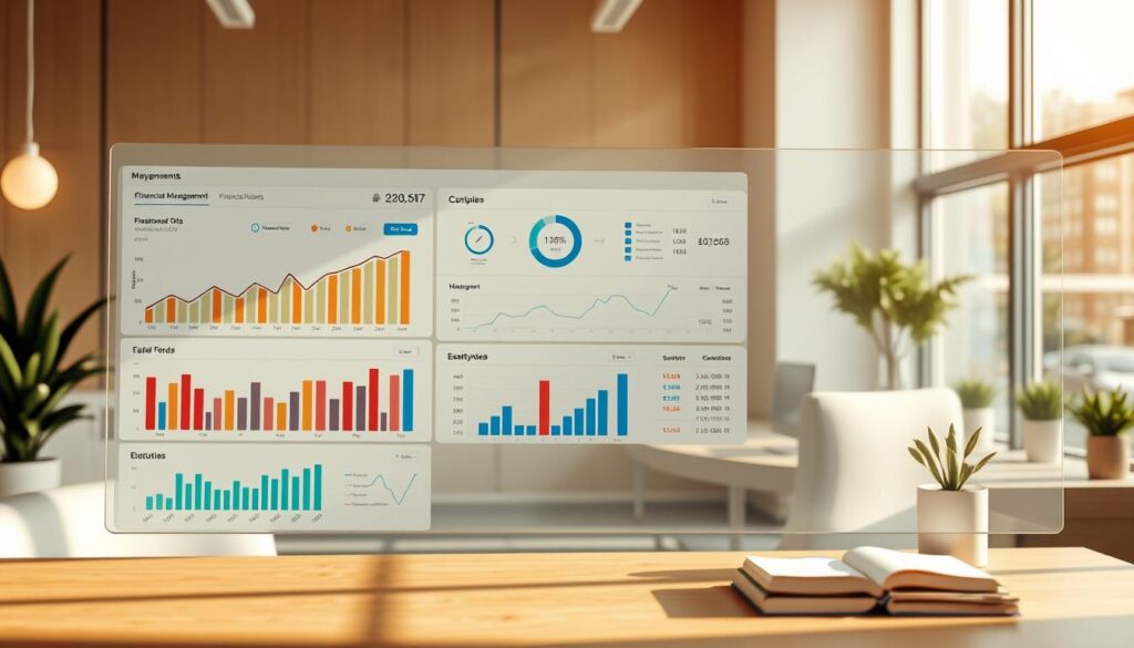 Crisp, well-organized financial management dashboard with clear data visualizations and metrics. Warm, natural lighting illuminates a modern, minimalist office setting with tasteful decor. Subtle textures and gradients add depth and sophistication. Precise, technical composition with carefully balanced elements emphasizes professionalism and attention to detail. Overall, a visually compelling representation of financial analysis and insights, suitable for a business publication.