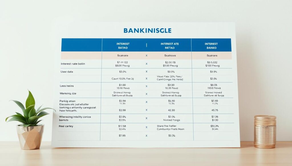 Detailed comparison of banking offers featuring a clean, modern layout with a striking visual hierarchy. A central table or grid showcases key details like interest rates, fees, and terms in a clear, easy-to-scan format. The layout utilizes strong typography, neutral colors, and strategic use of space to prioritize readability and data visualization. The overall aesthetic should convey professionalism, authority, and a sense of financial expertise. Include subtle background elements that reinforce the banking/financial theme, such as abstract geometric patterns, currency symbols, or financial graphs. Bright, diffused lighting casts a warm, inviting glow across the scene. Shoot from a slightly elevated angle to create a sense of scale and importance.