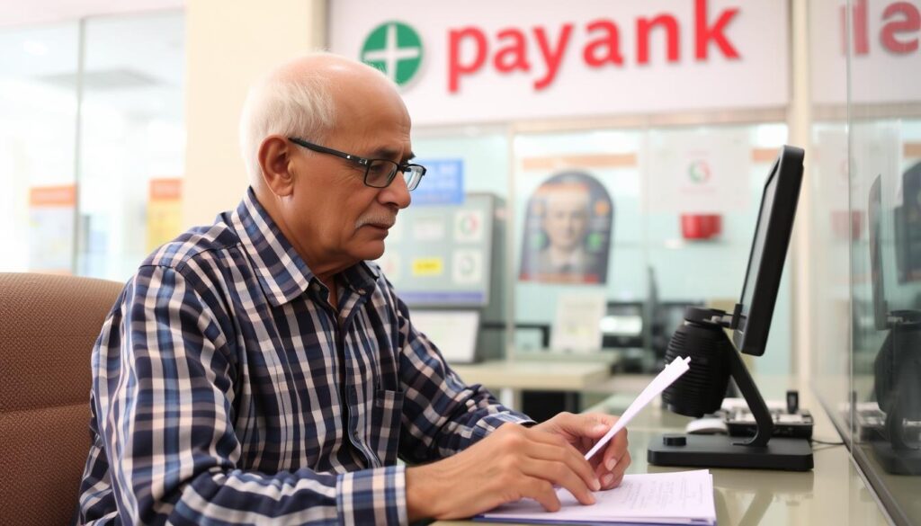 Imagem de um aposentado ou pensionista do INSS solicitando empréstimo consignado em uma agência bancária.