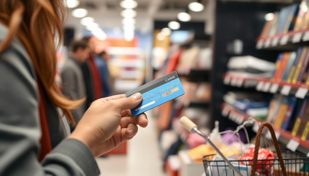 Imagem de um cartão de crédito consignado sendo utilizado em uma compra.