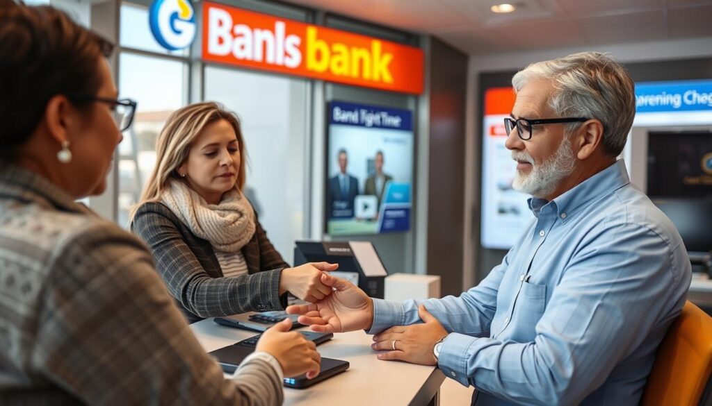 Imagem de uma pessoa solicitando portabilidade de crédito em uma agência bancária