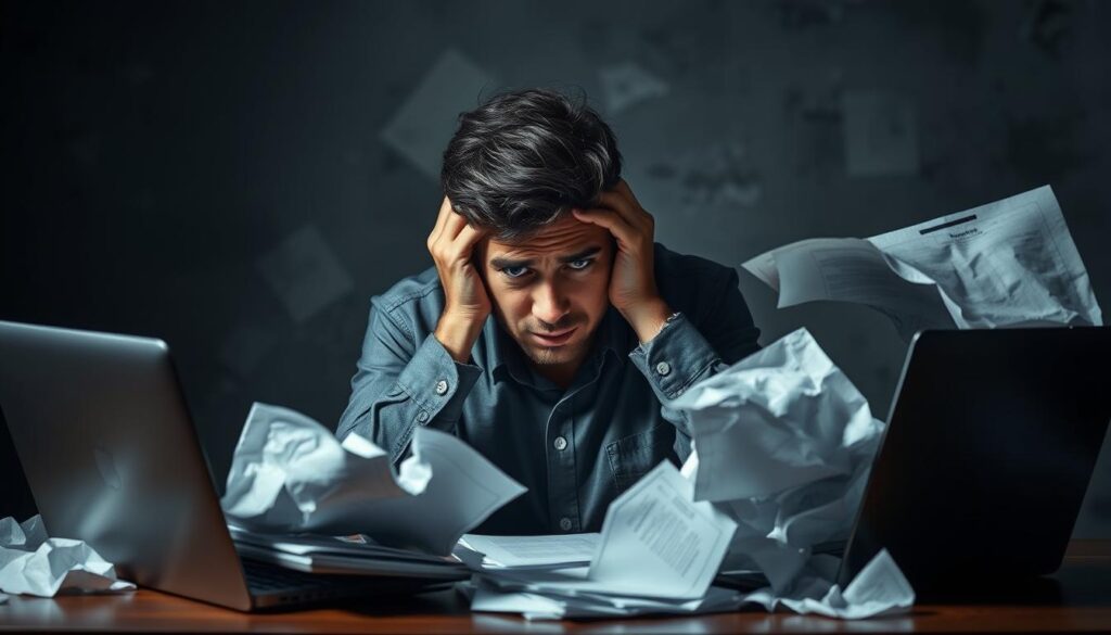 Prompt A stressful individual sitting at a desk, surrounded by crumpled papers and a laptop. The lighting is harsh, casting deep shadows across their worried face. The background is bleak, with a sense of financial distress and uncertainty. The scene conveys the discomfort and burden of personal credit misuse, a cautionary tale of the consequences of poor financial decisions.